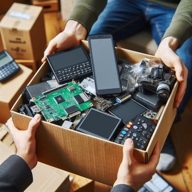 A box of used tech items being handed in or collected