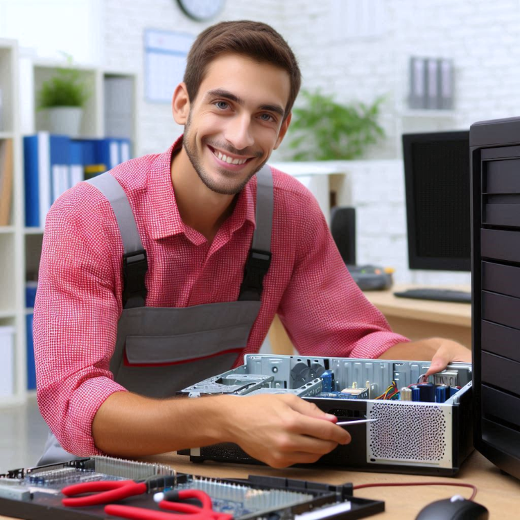 Technician servicing business hardware in an office setting