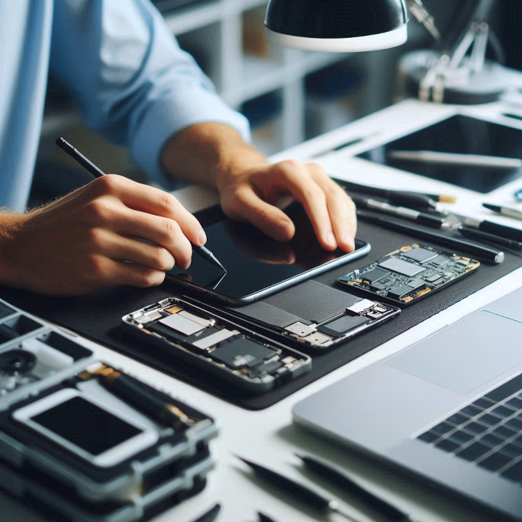 A close-up of a technician carefully working on a smartphone, tablet, or laptop at a clean workstation.