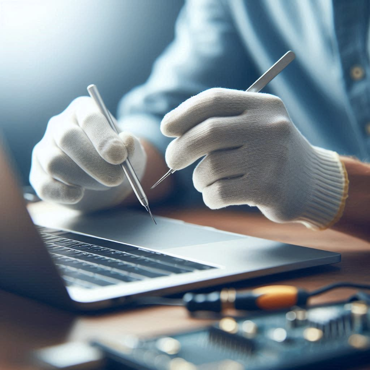 A clean, well-lit image of a technician carefully repairing a laptop